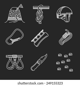 Set of white contour vector icons for belay and other equipment and symbols for rock climbing on black background for your site.