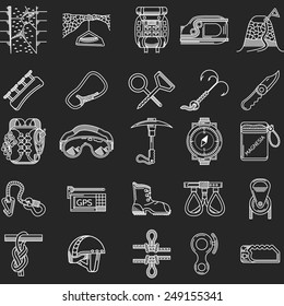 Set of white contour vector icons for equipment and outfit for rock climbing, alpinism, mountaineering on white background for your site.