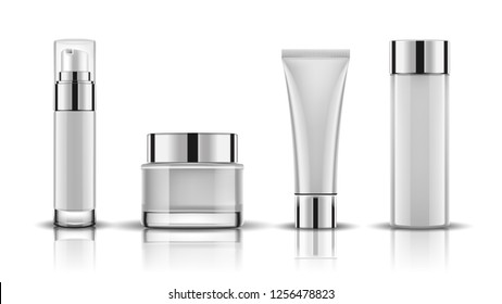 Set white cosmetic bottles packaging mockup, ready for your design, vector illustration.