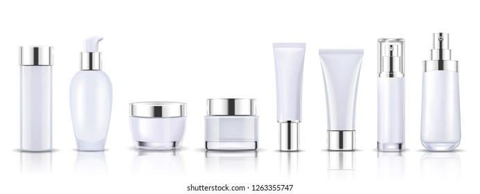 Set white cosmetic bottles packaging mock up, ready for your design, vector illustration.