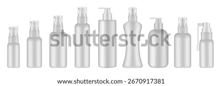 Set of white cosmetic bottles with pump. Dispenser for soap or lotion. Plastic cosmetic containers. Serum or gel. Sore throat spray