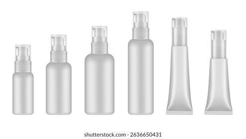 Set of white cosmetic bottles and tubes with pump. Dispenser for soap or lotion. Plastic cosmetic containers. Serum or gel