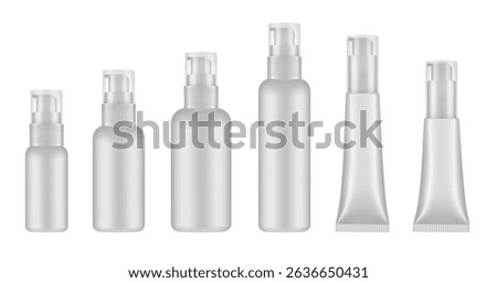 Set of white cosmetic bottles and tubes with pump. Dispenser for soap or lotion. Plastic cosmetic containers. Serum or gel