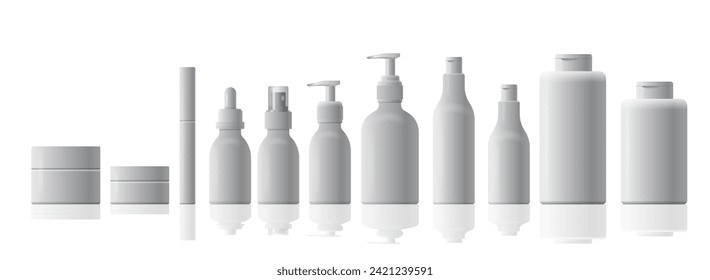 Set of white cosmetic bottles without label on isolated background. Plastic mockup bottles and jars for shampoo, gel, soap, cream. Vector Illustration