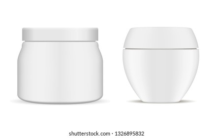 Set of White Cosmetic Jar. 3d Realistic Container Mockup. Vector Plastic Bottle, Isolated on White. Round Package for Skin Creme, Salt, Lotion, Gel. Face Care Butter. Blank Template with Lid.