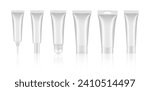 Set of white cosmetic tubes. Closed blank tubes with caps. Realistic mockup. Long nozzle tube. for ointment or salve. Gel serum. Korean packaging. Lip gloss
