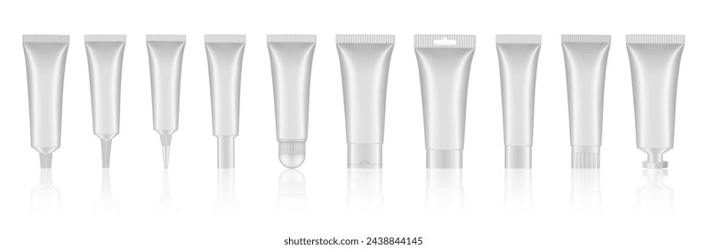 Conjunto de tubos cosméticos blancos. Tubos cerrados en blanco con tapones. Una maqueta realista. Tubo largo de boquilla. para ungüento o ungüento. Gel de suero. Embalaje coreano. Brillo labial. Pasta de dientes. Crema de manos