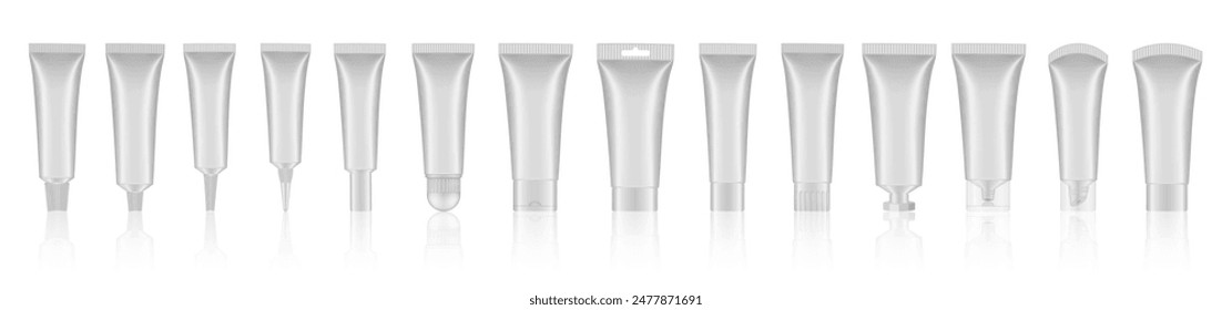 Set of white cosmetic tubes. Closed blank tubes with caps. Realistic mockup. Long nozzle tube. for ointment or salve. Gel serum. Korean packaging. Lip gloss. Toothpaste. Hand cream