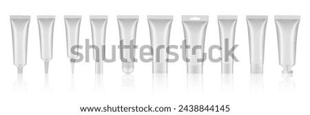 Set of white cosmetic tubes. Closed blank tubes with caps. Realistic mockup. Long nozzle tube. for ointment or salve. Gel serum. Korean packaging. Lip gloss. Toothpaste. Hand cream