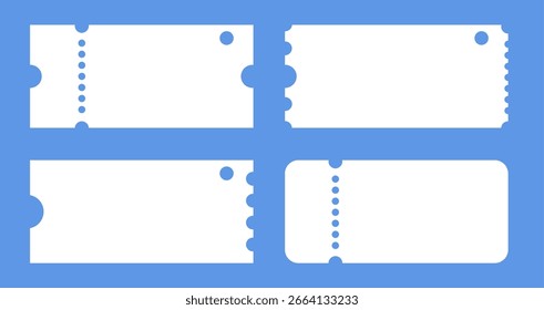 Set of white coupon mockups. Empty voucher design. Concert, movie or theater ticket, lottery, sale coupon. Vector