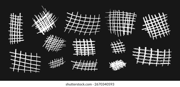 Set of white crayon grids. Freehand vector chequered collage with wax scribble texture. Pastel handmade geometry strokes create a graphic school backdrop for children playful design projects.
