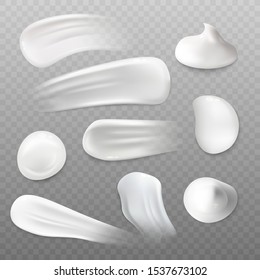 Set of white cream blob and smudge samples. Liquid beauty product texture in many shapes, body lotion or moisturizer smear isolated on transparent background - realistic vector illustration