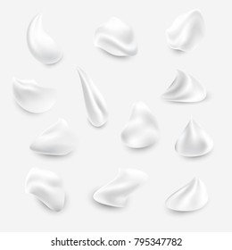 Set of white cream elements. Vector illustration for advertising and promotional message. Liquid creamy white texture on the white background. For your design and buisness.