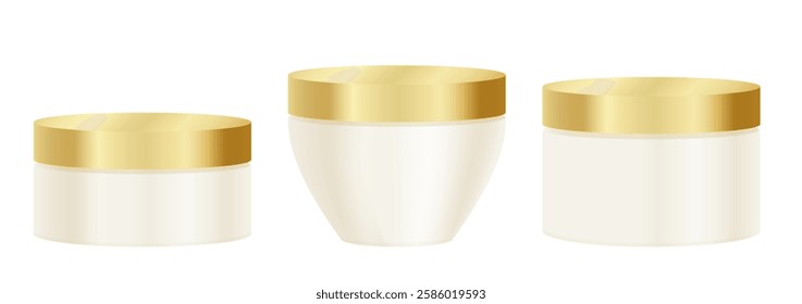 A set of white cream jars with golden lids. Vector illustration template. Cosmetics, packaging, make up bottles, facial care.