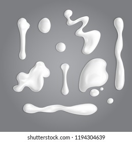 Conjunto de gotas de crema blanca o yogur. Ilustración de manchas de pintura vectorial o yogur para diseño. Elementos de leche opacos. Blancos mayoneses