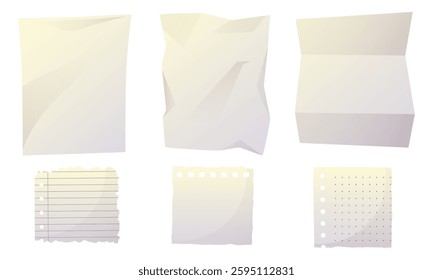 A set of white crumpled paper with creases, a torn out lined page, a torn out sheet with dots. A sheet from a notepad with torn edges, a torn out note with a damaged border.