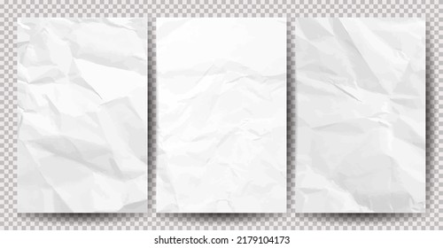 Set of white сlean crumpled papers on transparent background. Crumpled empty sheets of paper with shadow for posters and banners. Vector illustration