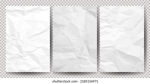 Set of white сlean crumpled papers on transparent background. Crumpled empty sheets of paper with shadow for posters and banners. Vector illustration