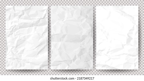 Set of white сlean crumpled papers on transparent background. Crumpled empty sheets of paper with shadow for posters and banners. Vector illustration - Shutterstock ID 2187349217