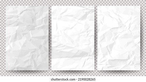 Set of white сlean crumpled papers on transparent background. Crumpled empty sheets of paper with shadow for posters and banners. Vector illustration