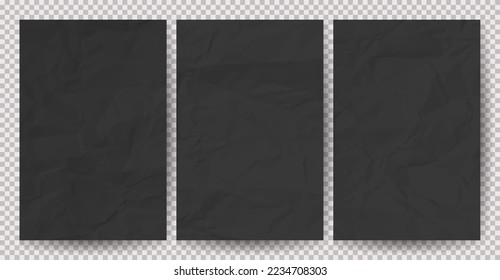 Set of white сlean crumpled papers on transparent background. Crumpled empty sheets of paper with shadow for posters and banners. Vector illustration