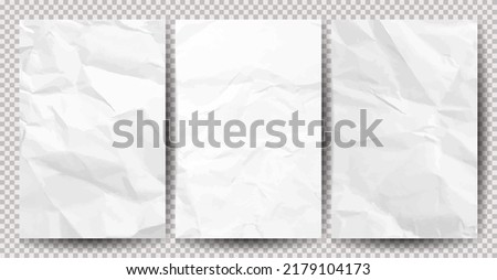 Set of white сlean crumpled papers on transparent background. Crumpled empty sheets of paper with shadow for posters and banners. Vector illustration