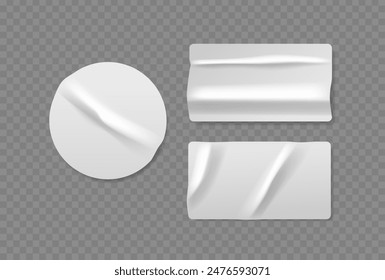 Set Of White Crumpled Stickers In Different Shapes, Circular And Rectangular, Isolated On Transparent Background