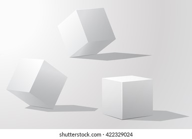 Set of white cubes in different projections. Geometric surfac.  Rotate the cube. Isolated objects on a white background. White cube. Vector illustrations.