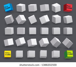 Set of white cubes in various tilt angles. 3D model of geometric shapes.