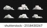 Set of white cumulus clouds, fog, smoke. Fluffy clouds isolated on transparent backdrop.Vector realistic illustration