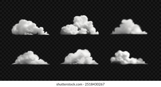 Set of white cumulus clouds, fog, smoke. Fluffy clouds isolated on transparent backdrop.Vector realistic illustration