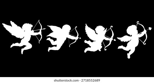 Conjunto de silhuetas cupido branco voando com arco e seta sobre fundo escuro. Ilustração vetorial de anjos de amor em diferentes poses. Design romântico simbolizando amor, Dia dos Namorados, casamento e relacionamentos. Perfeito para cartões de saudação, convites, cartazes, banners, decorações e projetos de férias.