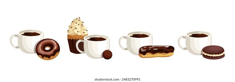 Un juego de tazas blancas de café aromático con dulces, postres de chocolate y pasteles. Gráficos de Vector de dibujos animados.