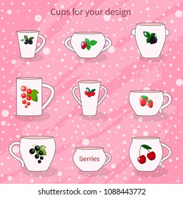 Set of white cups with berries on pink background. Vector.