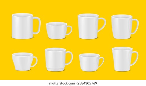 Set of white cups for coffee or tea. Realistic mugs. Vector Illustration.