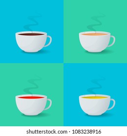 Set of white cups with espresso, coffee with milk, black and green tea. Vector illustration.