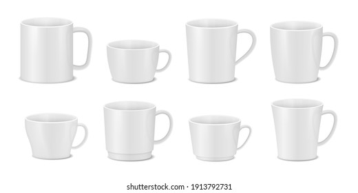 Set of white cups. Realistic coffee mugs.