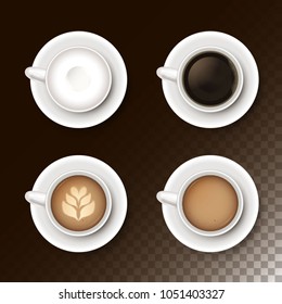 Set of white cups with saucer. Top view of different coffee drinks. Realistic vector design. Collection of delicious latte art heart shape, cappuccino, espresso, empty cup. Invigorating hot drinks