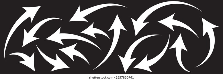 Set of white curve arrows isolated on black background. curve arrow illustration .