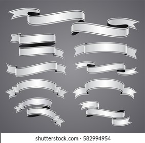 Set of white curved ribbon or banner with a black border. JPG include isolated path. eps10