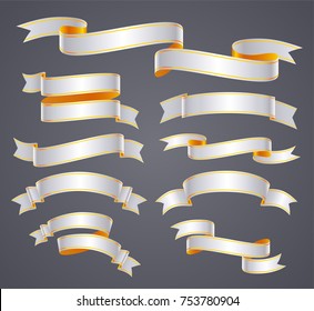 Set of white curved ribbon or banner with golden border for holiday design. JPG include isolated path