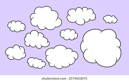 Set of White Cute Cloud Line Shapes on Light Purple Background. Minimalist Vector Illustration for design. Abstract for kids, stickers, web. Frames for info.