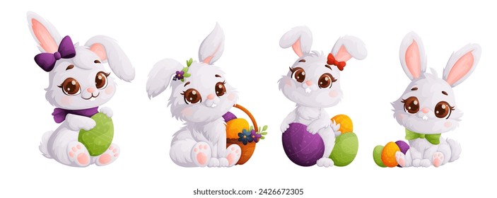 Set of white cute Easter bunnies. Fluffy bunny with festive eggs, a symbol of the Easter holiday. Cartoon style, vector