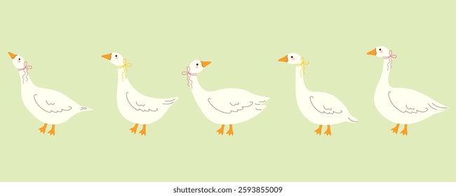 Set of white cute goose characters in different poses. Vector illustration.