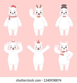 Set of White Cute Polar Bear for Merry Christmas, celebration, Holiday , head, face, emotion, animals cartoon  Character flat design vector.