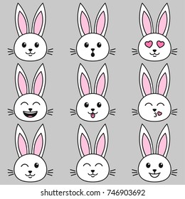 Set of white cute rabbits on grey background