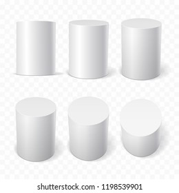 Set of white cylinders in various projections. 3d geometric shapes Vector illustration