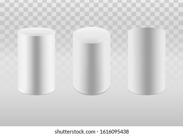 Set of white cylinders in various projections. 3d geometric shapes Vector illustration.