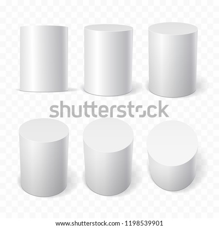 Set of white cylinders in various projections. 3d geometric shapes Vector illustration