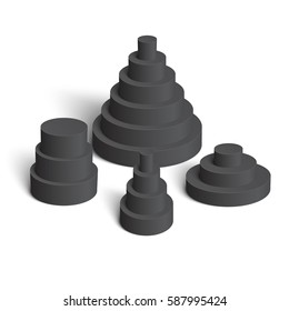 Set of white cylindrical pyramids on white background. Perfect 3d template for design